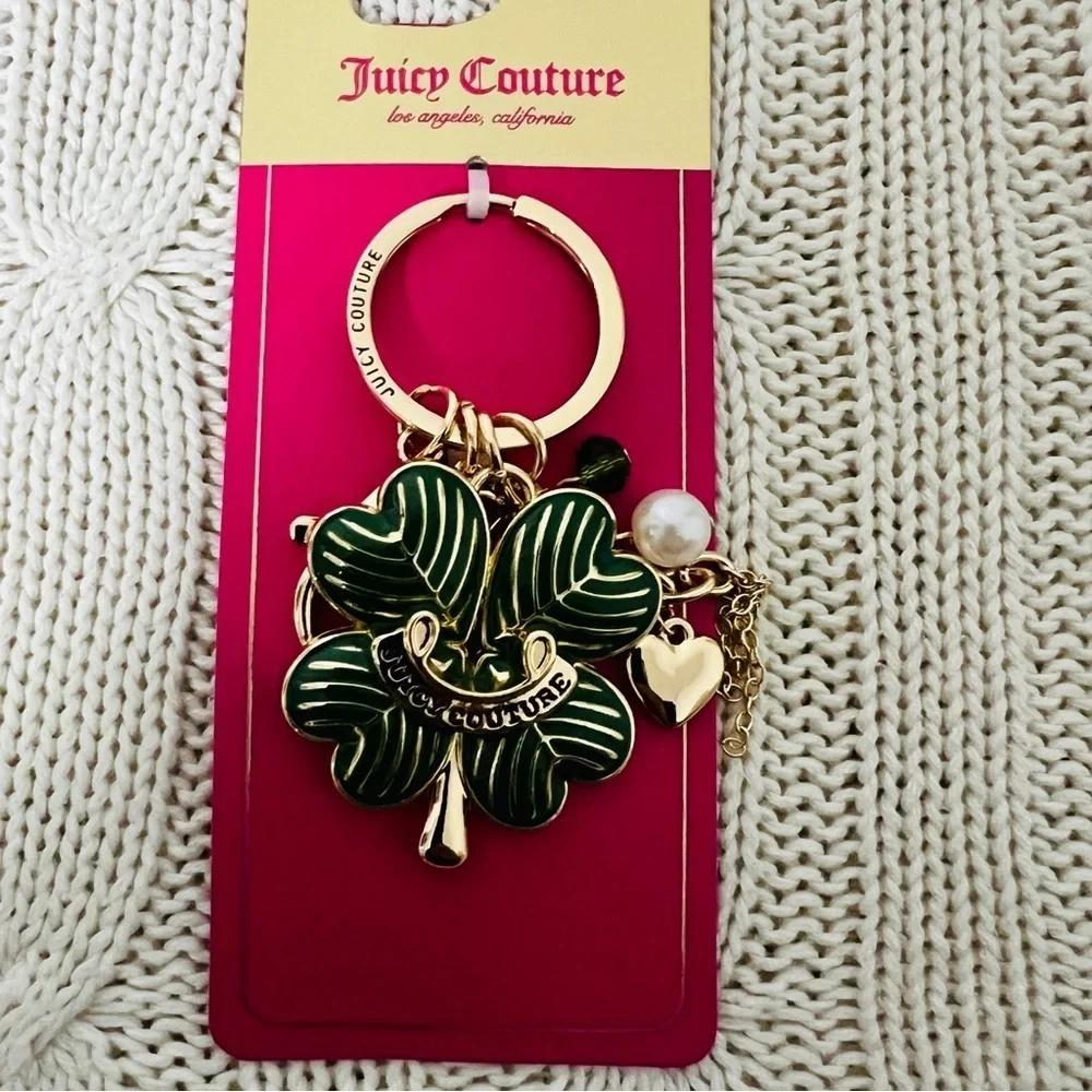 Juicy Couture New Lucky Clover Charm Keychain Gold and Green Accents Pearl